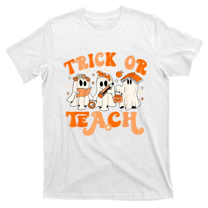 Teacher Halloween Trick Or Teach Retro Groovy Floral Ghost T-Shirt