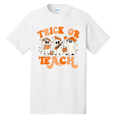 Teacher Halloween Trick Or Teach Retro Groovy Floral Ghost Tall T-Shirt