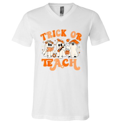 Teacher Halloween Trick Or Teach Retro Groovy Floral Ghost V-Neck T-Shirt