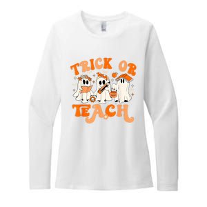 Teacher Halloween Trick Or Teach Retro Groovy Floral Ghost Womens CVC Long Sleeve Shirt