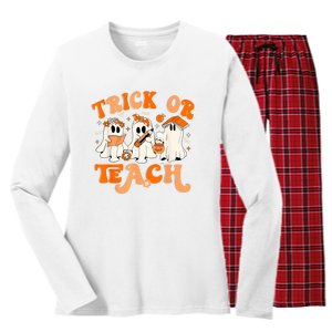 Teacher Halloween Trick Or Teach Retro Groovy Floral Ghost Women's Long Sleeve Flannel Pajama Set 