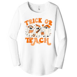 Teacher Halloween Trick Or Teach Retro Groovy Floral Ghost Women's Perfect Tri Tunic Long Sleeve Shirt