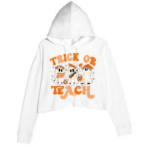 Teacher Halloween Trick Or Teach Retro Groovy Floral Ghost Crop Fleece Hoodie