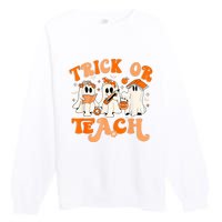 Teacher Halloween Trick Or Teach Retro Groovy Floral Ghost Premium Crewneck Sweatshirt