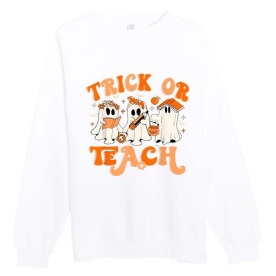 Teacher Halloween Trick Or Teach Retro Groovy Floral Ghost Premium Crewneck Sweatshirt