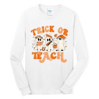 Teacher Halloween Trick Or Teach Retro Groovy Floral Ghost Tall Long Sleeve T-Shirt