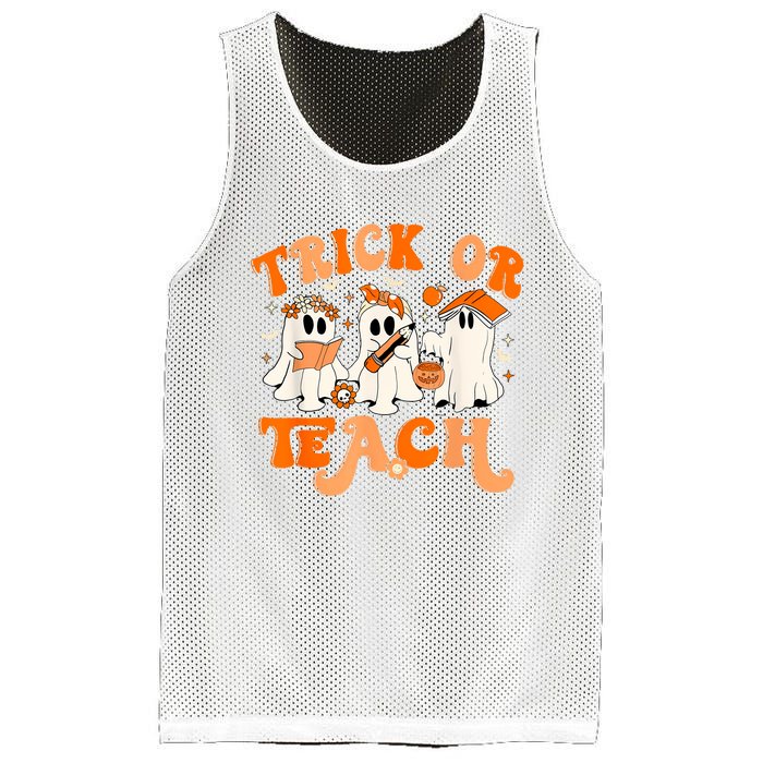 Teacher Halloween Trick Or Teach Retro Groovy Floral Ghost Mesh Reversible Basketball Jersey Tank