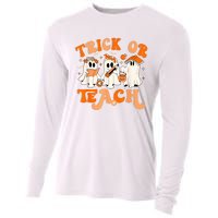 Teacher Halloween Trick Or Teach Retro Groovy Floral Ghost Cooling Performance Long Sleeve Crew