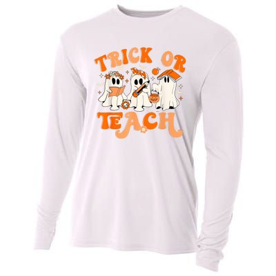 Teacher Halloween Trick Or Teach Retro Groovy Floral Ghost Cooling Performance Long Sleeve Crew