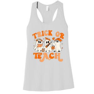 Teacher Halloween Trick Or Teach Retro Groovy Floral Ghost Women's Racerback Tank