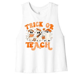 Teacher Halloween Trick Or Teach Retro Groovy Floral Ghost Women's Racerback Cropped Tank