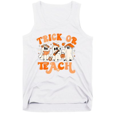 Teacher Halloween Trick Or Teach Retro Groovy Floral Ghost Tank Top