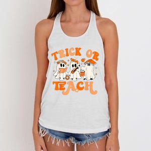 Teacher Halloween Trick Or Teach Retro Groovy Floral Ghost Women's Knotted Racerback Tank