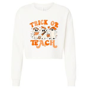 Teacher Halloween Trick Or Teach Retro Groovy Floral Ghost Cropped Pullover Crew