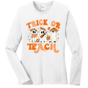 Teacher Halloween Trick Or Teach Retro Groovy Floral Ghost Ladies Long Sleeve Shirt