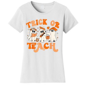 Teacher Halloween Trick Or Teach Retro Groovy Floral Ghost Women's T-Shirt