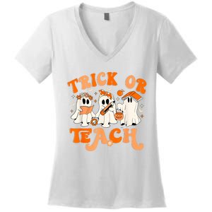 Teacher Halloween Trick Or Teach Retro Groovy Floral Ghost Women's V-Neck T-Shirt