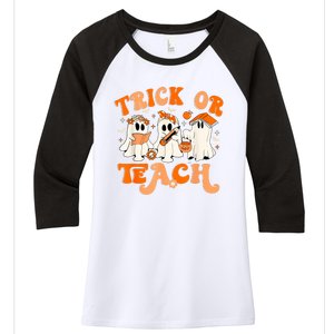 Teacher Halloween Trick Or Teach Retro Groovy Floral Ghost Women's Tri-Blend 3/4-Sleeve Raglan Shirt