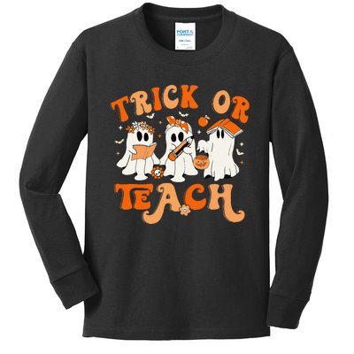 Teacher Halloween Trick Or Teach Retro Groovy Floral Ghost Gift Kids Long Sleeve Shirt