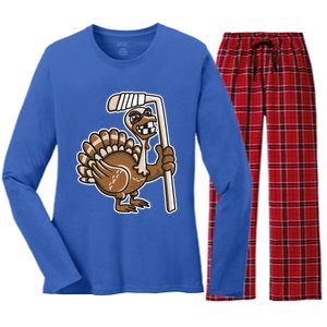 Turkey Hockey Thanksgiving Day Funny Sport Fall Autumn Great Gift Women's Long Sleeve Flannel Pajama Set 