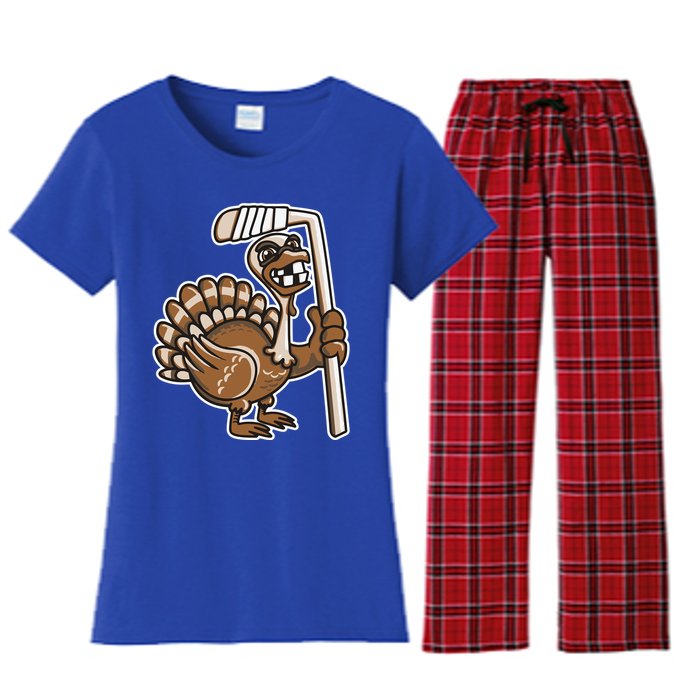 Turkey Hockey Thanksgiving Day Funny Sport Fall Autumn Great Gift Women's Flannel Pajama Set