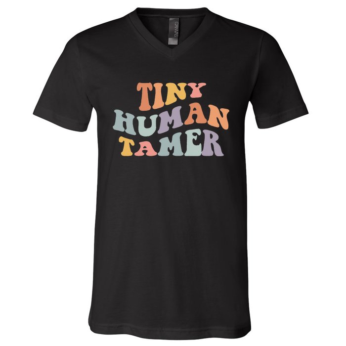 Tiny Human Tamer Funny Teacher Sarcastic Teacher Life V-Neck T-Shirt