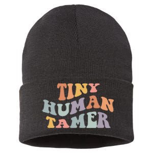 Tiny Human Tamer Funny Teacher Sarcastic Teacher Life Sustainable Knit Beanie