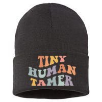 Tiny Human Tamer Funny Teacher Sarcastic Teacher Life Sustainable Knit Beanie