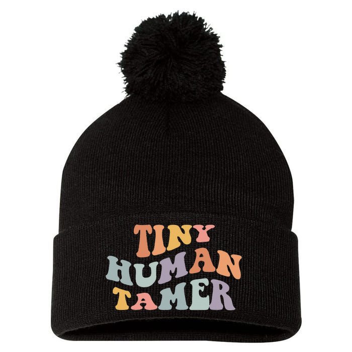 Tiny Human Tamer Funny Teacher Sarcastic Teacher Life Pom Pom 12in Knit Beanie