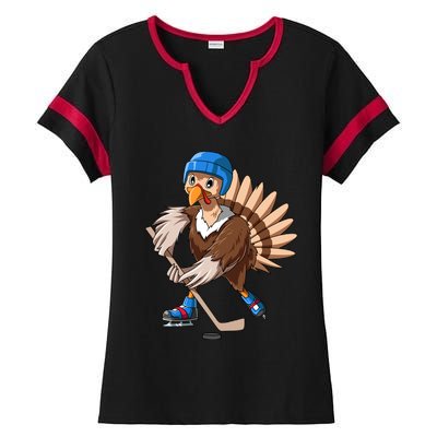 Turkey Hockey Thanksgiving Turkey Playing Hockey Turkey Gift Ladies Halftime Notch Neck Tee