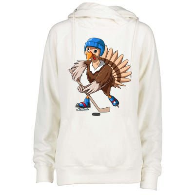 Turkey Hockey Thanksgiving Turkey Playing Hockey Turkey Gift Womens Funnel Neck Pullover Hood