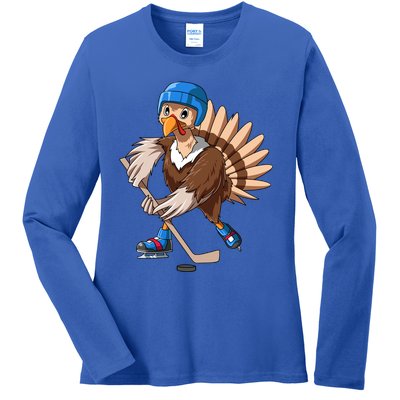 Turkey Hockey Thanksgiving Turkey Playing Hockey Turkey Gift Ladies Long Sleeve Shirt