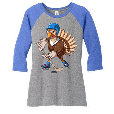 Turkey Hockey Thanksgiving Turkey Playing Hockey Turkey Gift Women's Tri-Blend 3/4-Sleeve Raglan Shirt