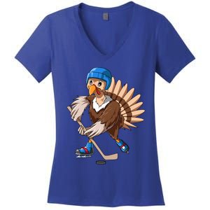 Turkey Hockey Thanksgiving Turkey Playing Hockey Turkey Gift Women's V-Neck T-Shirt