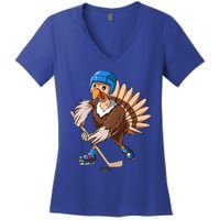 Turkey Hockey Thanksgiving Turkey Playing Hockey Turkey Gift Women's V-Neck T-Shirt