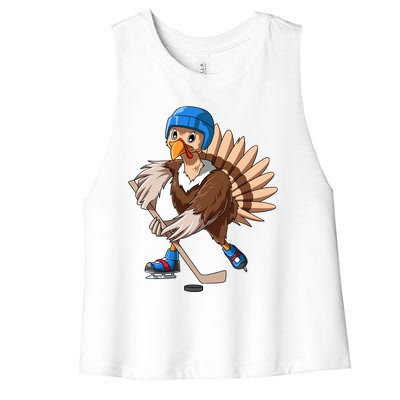 Turkey Hockey Thanksgiving Turkey Playing Hockey Turkey Gift Women's Racerback Cropped Tank