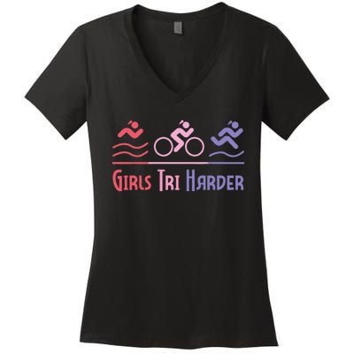 Tri Harder Triathlete Triathlon Marathoner Athlete Women's V-Neck T-Shirt