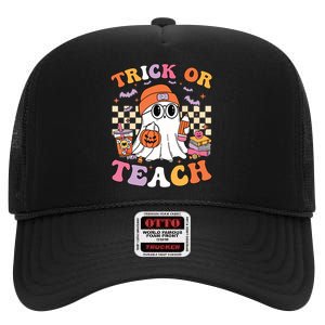 Teacher Halloween Trick Or Teach Cute Ghost Coffee Pumpkins High Crown Mesh Back Trucker Hat