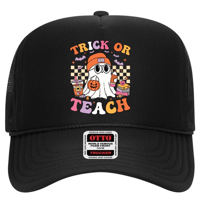 Teacher Halloween Trick Or Teach Cute Ghost Coffee Pumpkins High Crown Mesh Back Trucker Hat