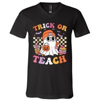 Teacher Halloween Trick Or Teach Cute Ghost Coffee Pumpkins V-Neck T-Shirt