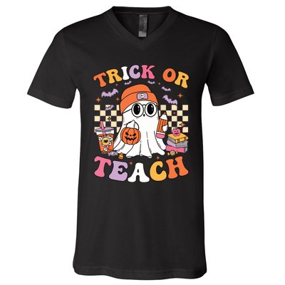 Teacher Halloween Trick Or Teach Cute Ghost Coffee Pumpkins V-Neck T-Shirt