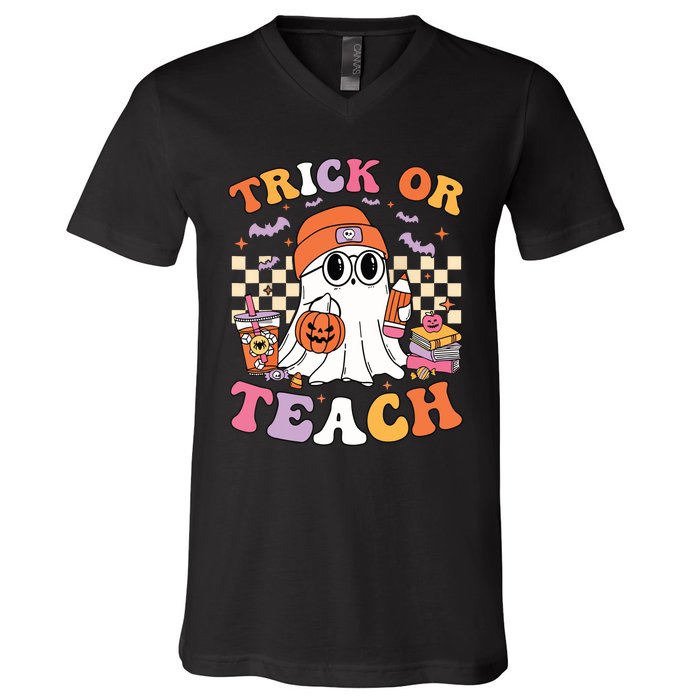 Teacher Halloween Trick Or Teach Cute Ghost Coffee Pumpkins V-Neck T-Shirt