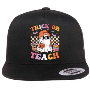 Teacher Halloween Trick Or Teach Cute Ghost Coffee Pumpkins Flat Bill Trucker Hat