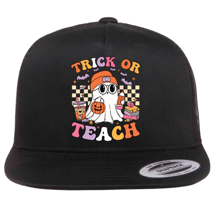 Teacher Halloween Trick Or Teach Cute Ghost Coffee Pumpkins Flat Bill Trucker Hat