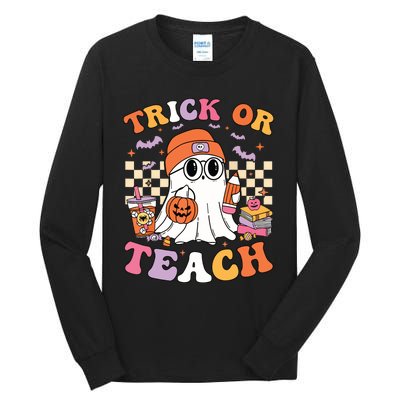 Teacher Halloween Trick Or Teach Cute Ghost Coffee Pumpkins Tall Long Sleeve T-Shirt