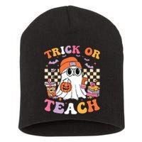 Teacher Halloween Trick Or Teach Cute Ghost Coffee Pumpkins Short Acrylic Beanie