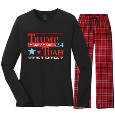 Trump Hawk Tuah Funny Viral Humor Meme Video Women's Long Sleeve Flannel Pajama Set 