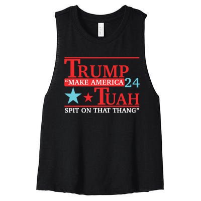 Trump Hawk Tuah Funny Viral Humor Meme Video Women's Racerback Cropped Tank