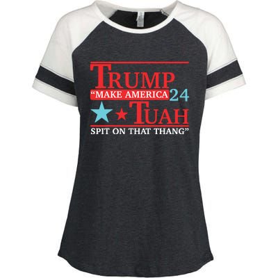 Trump Hawk Tuah Funny Viral Humor Meme Video Enza Ladies Jersey Colorblock Tee