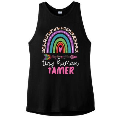 Tiny Human Tamer Funny Teacher Or Mom Leopard Rainbow Ladies PosiCharge Tri-Blend Wicking Tank